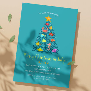 Convite Feliz Natal em Julho Peixes de Árvore de Coral Tro