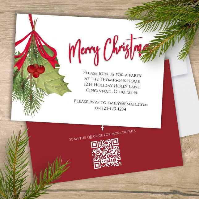 Convite Feliz Natal Feriado Vermelho Caligrafia Código QR (Merry Christmas calligraphy party invitation with watercolor winter greenery and foliage. )