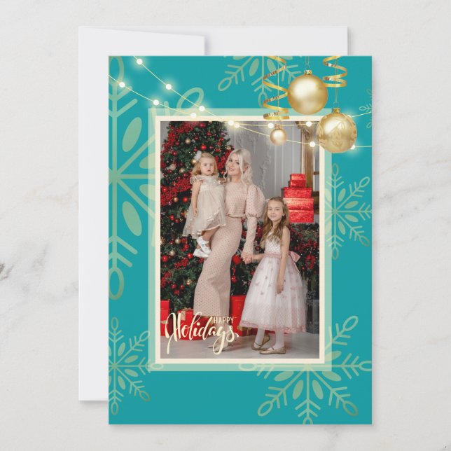 Convite Feliz Natal, flocos de neve dourados, vermelhos (Frente)