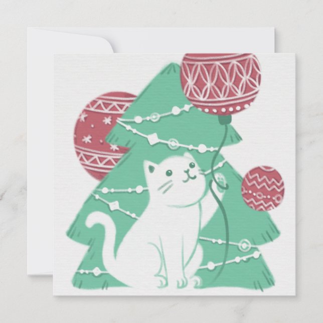 Convite Feliz Natal: Gato e Ornamentos (Frente)