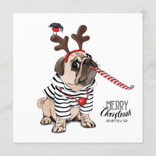 Convite Feliz Natal  Pug Reindeer