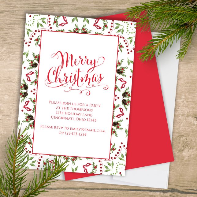 Convite Feliz Natal Red Green Pinecone - Festa de Padrão (Merry Christmas holiday party invitation with whimsical calligraphy script. )