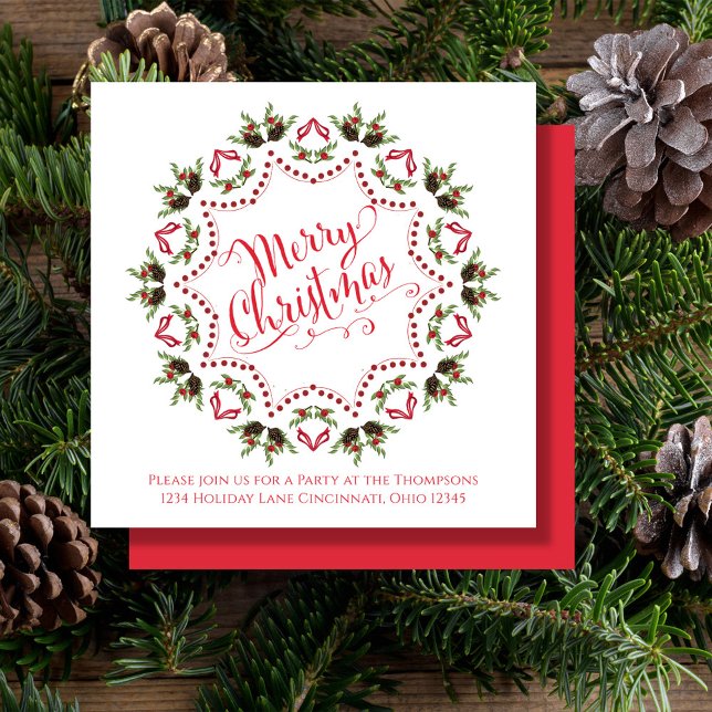 Convite Feliz Natal Red Green Pinecone - Festa de Padrão (Merry Christmas holiday party invitation with whimsical calligraphy script. )