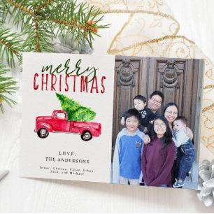 Convite Feliz Natal Red Truck Tree 1 Photo Watercolor