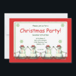 Convite Feliz Natal Snowman Line Party<br><div class="desc">Um belo convite de festas de Natal com uma linha de pequenos bonecos de neve segurando canas doces e vestindo chapéus vermelhos que dizem "Feliz Natal".</div>