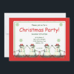 Convite Feliz Natal Snowman Line Party<br><div class="desc">Um belo convite de festas de Natal com uma linha de pequenos bonecos de neve segurando canas doces e vestindo chapéus vermelhos que dizem "Feliz Natal".</div>