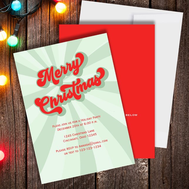 Convite Feliz Natal Tipografia Retro Verde Código QR (Merry Christmas whimsical retro style typography invitation.)
