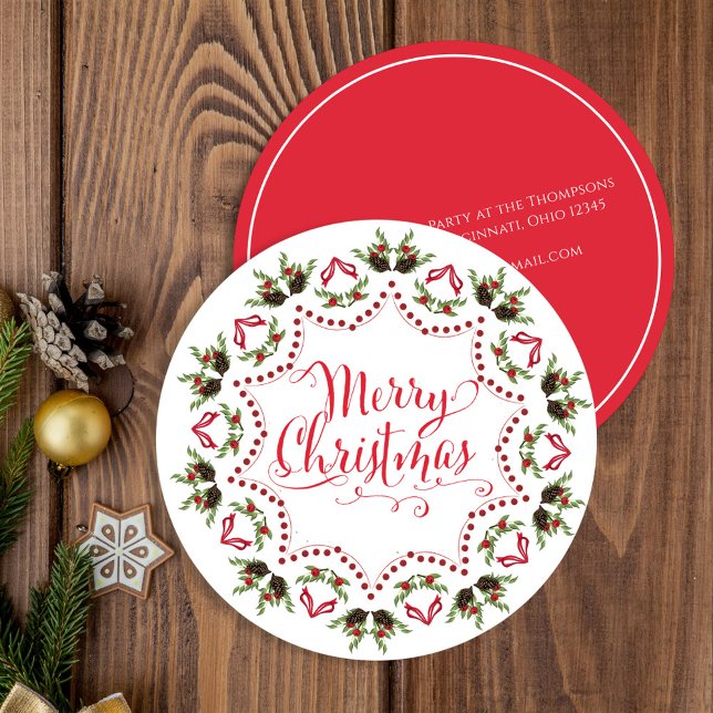 Convite Feliz Natal Vermelho Verde Pinecone Wreath Circle (Merry Christmas holiday party invitation with whimsical calligraphy script. )