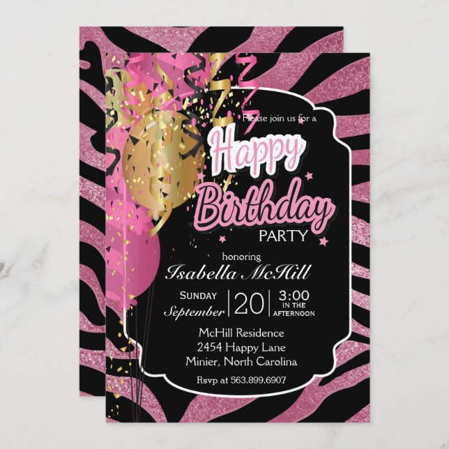 Convite Feliz Natal - Zebra Rosa e Negra - Stripes Invita (Frente/Verso)