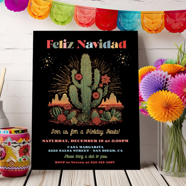 Convite Feliz navidad Fiesta Cactus Desert Noite (Criador carregado)