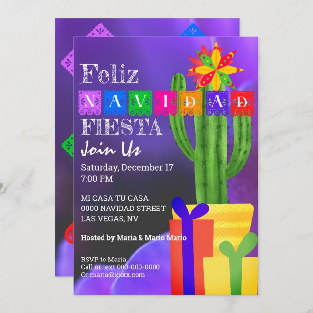Convite Feliz Navidad Fiesta Green Cactus Em Roxo (Frente/Verso)