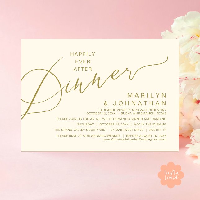Convite Feliz Nunca Após Janta, Festa de casamento Moderna (Happily Ever After Romantic Wedding Dinner Party Invitation Card Modern Boho PDF Classy Yellow Gold)