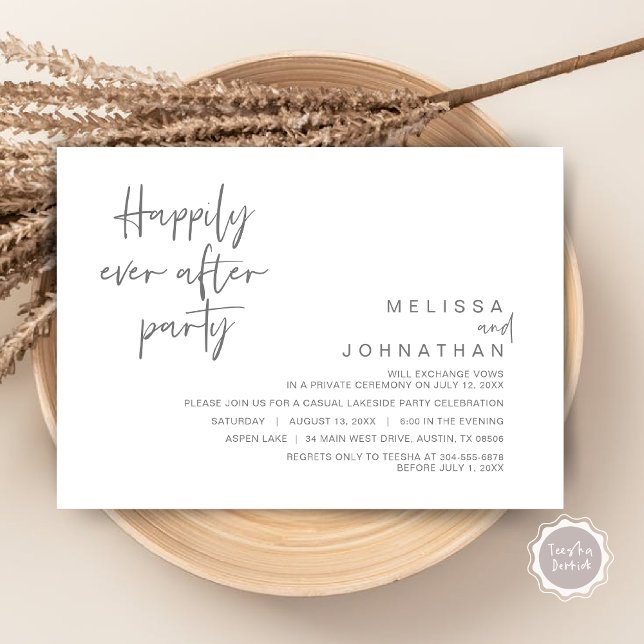 Convite Feliz Nunca Depois Da Festa de casamento, Cinza Es (Happily Ever After Party Invitation Card, PDF, Modern Wedding Elopement, in Dark Grey)