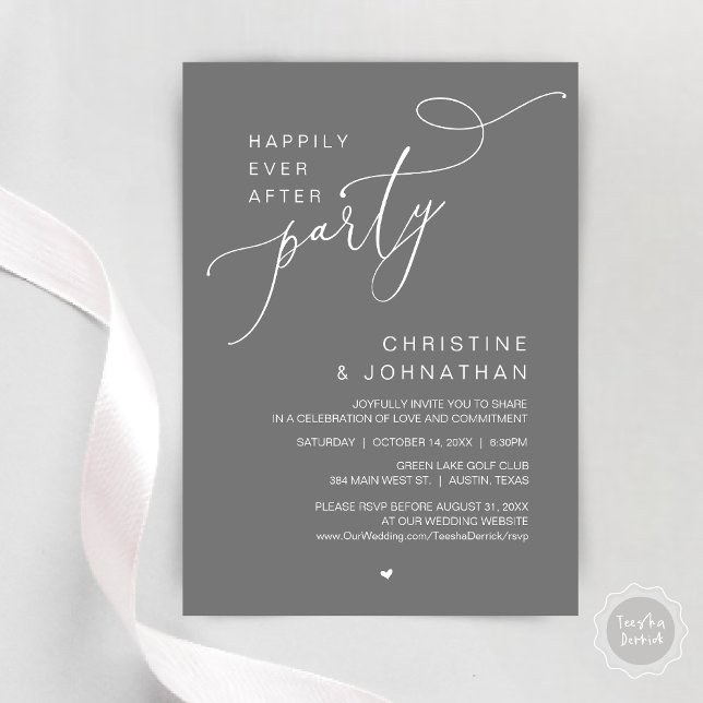 Convite Feliz Nunca Depois Da Festa de casamento Jantar Da (Happily Ever After Wedding Party Romantic Dinner Dancing Invitation Card, PDF, in Dark Grey)
