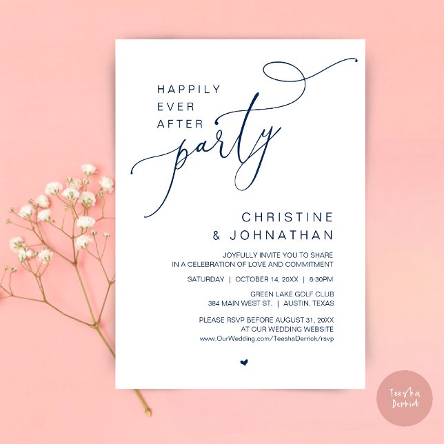 Convite Feliz Nunca Depois Da Festa de casamento Jantar Da (Happily Ever After Wedding Party Romantic Dinner Dancing Invitation Card, PDF, in Navy Blue)
