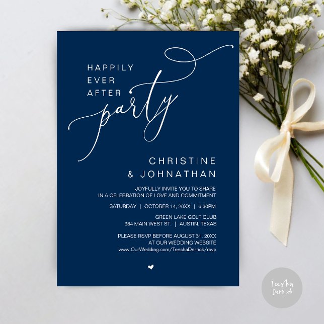 Convite Feliz Nunca Depois Da Festa de casamento Jantar Da (Happily Ever After Wedding Party Romantic Dinner Dancing Invitation Card, PDF, in Navy Blue)
