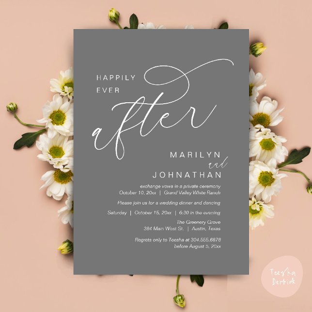 Convite Feliz Nunca Depois Da Festa de casamento Jantar Da (Romantic Happily Ever After Wedding Dinner Party Lunch Brunch Invitation PDF Card Dark Grey)