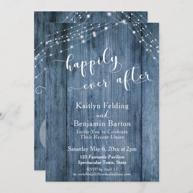 Convite Feliz Nunca Depois De Com Madeira Azul Rústica E L (Frente/Verso)