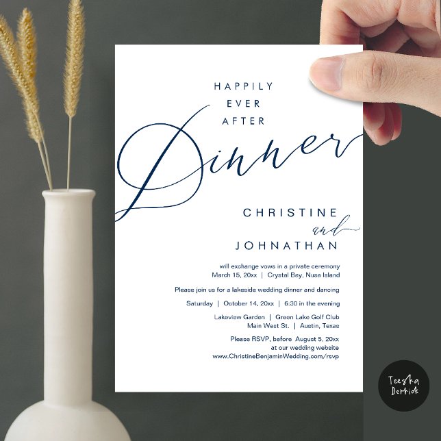 Convite Feliz Nunca Depois Do Esboço De Elopemento De Casa (Happily Ever After Dinner Wedding Elopement Script Invitation Card, PDF, Modern Romantic, Navy Blue)