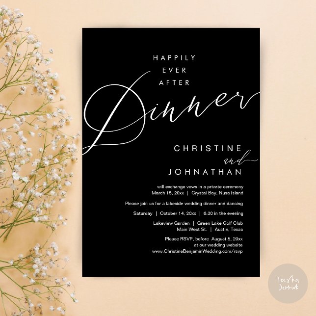 Convite Feliz Nunca Depois Do Esboço De Elopemento De Casa (Happily Ever After Dinner Wedding Elopement Script Invitation Card, PDF, Modern Romantic, in Black)