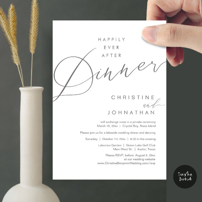 Convite Feliz Nunca Depois Do Esboço De Elopemento De Casa (Happily Ever After Dinner Wedding Elopement Script Invitation Card, PDF, Modern Romantic, Dark Grey)
