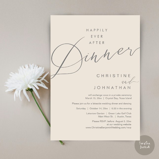 Convite Feliz Nunca Depois Do Esboço De Elopemento De Casa (Happily Ever After Dinner Wedding Elopement Script Invitation Card, PDF, Modern Romantic, Cream Grey)