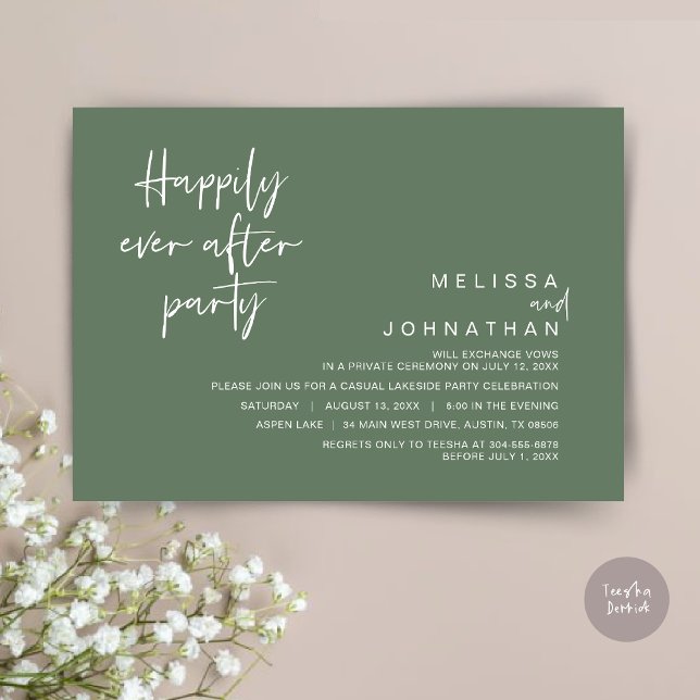 Convite Feliz Para Sempre Após A Festa de casamento, Árvor (Happily Ever After Party Invitation Card, PDF, Modern Wedding Elopement, in Forest Sage Green)