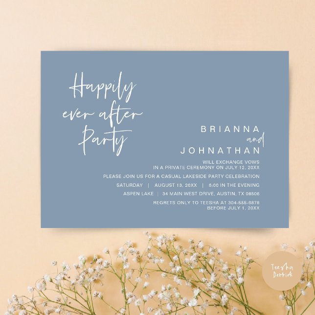 Convite Feliz Para Sempre Após A Festa de casamento, Azul  (Happily Ever After Party Invitation Card, PDF, Modern Wedding Elopement, in Dusty Blue)