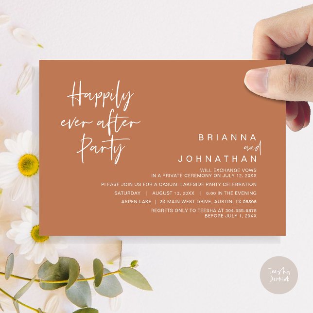 Convite Feliz Para Sempre Após A Festa de casamento, Casta (Happily Ever After Party Invitation Card, PDF, Modern Wedding Elopement, in Copper Brown)