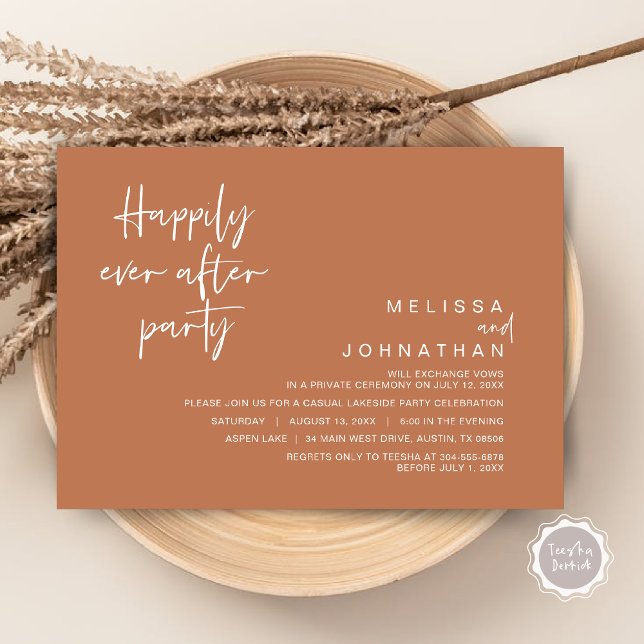 Convite Feliz Para Sempre Após A Festa de casamento, Casta (Happily Ever After Party Invitation Card, PDF, Modern Wedding Elopement, in Copper Brown)