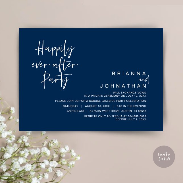 Convite Feliz Para Sempre Após A Festa de casamento, Marin (Happily Ever After Party Invitation Card, PDF, Modern Wedding Elopement, in Classy Navy Blue)