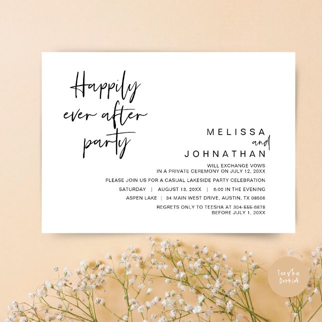 Convite Feliz para sempre após a Festa de casamento, preto (Happily Ever After Party Invitation Card, PDF, Modern Wedding Elopement, in Black and White)