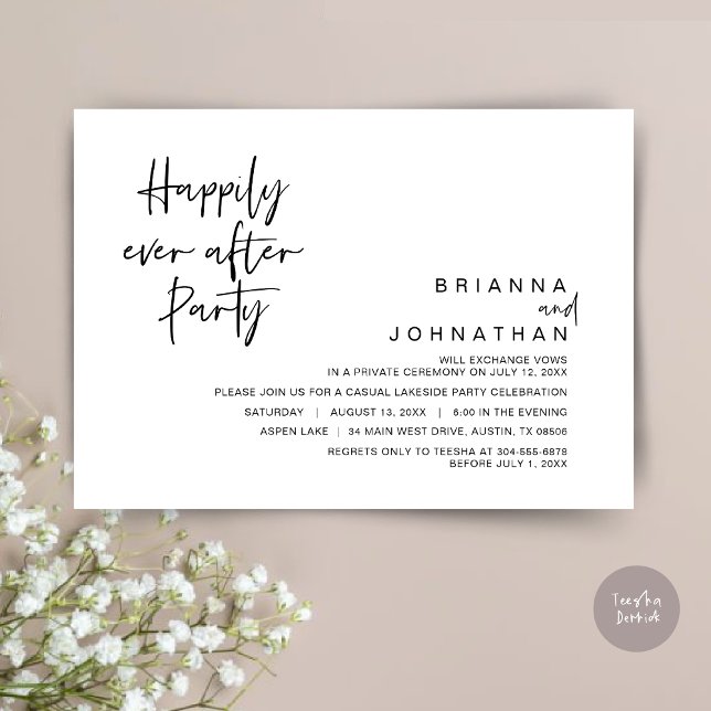 Convite Feliz para sempre após a Festa de casamento, preto (Happily Ever After Party Invitation Card, PDF, Modern Wedding Elopement, in Black and White)