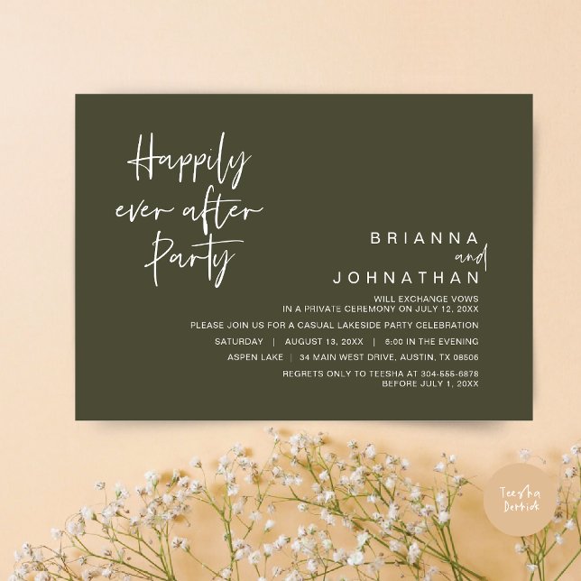 Convite Feliz Para Sempre Após A Festa de casamento, Verde (Happily Ever After Party Invitation Card, PDF, Modern Wedding Elopement, in Olive Green)