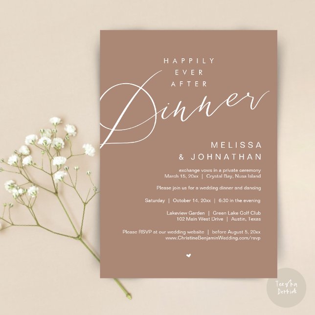 Convite Feliz Para Sempre Após Janta, Festa de casamento,  (Happily Ever After Dinner Invitation Card, PDF, Modern Romantic Wedding Elopement , in Warm Taupe)