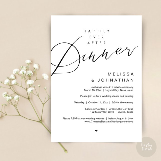 Convite Feliz para sempre após Janta, Festa de casamento,  (Happily Ever After Dinner Invitation Card, PDF, Modern Romantic Wedding Elopement , in Black White)