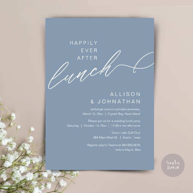 Convite Feliz Para Sempre Após O Almoço, Casamento, Azul D (Happily Ever After Lunch, Wedding Elopement Invitation Card, PDF, Modern Classy, in Dusty Blue)