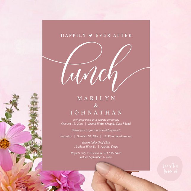 Convite Feliz Para Sempre Após O Almoço, Casamento Poste (Happily Ever After Lunch, Wedding Party Invitation Card PDF Modern Beautiful Dusty Rose Pink)