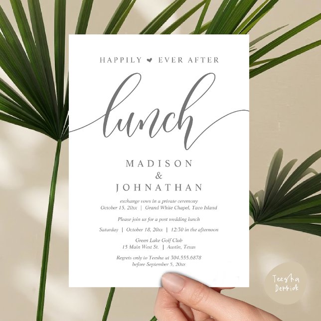 Convite Feliz Para Sempre Após O Almoço, Casamento Poste (Happily Ever After Lunch, Wedding Party Invitation Card PDF Modern Beautiful Dark Grey)