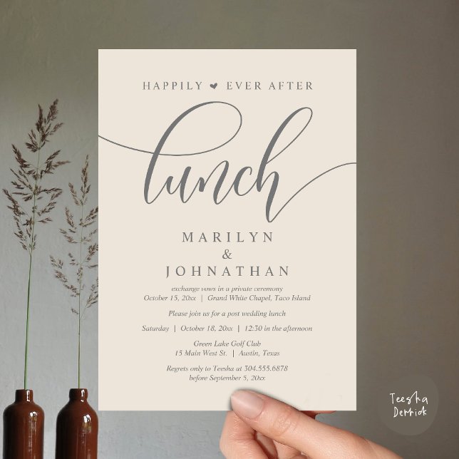 Convite Feliz Para Sempre Após O Almoço, Casamento Poste (Happily Ever After Lunch, Wedding Party Invitation Card PDF Modern Beautiful Cream Grey)