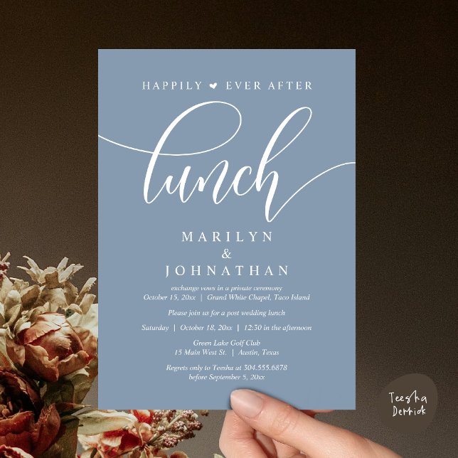 Convite Feliz Para Sempre Após O Almoço, Casamento Poste (Happily Ever After Lunch, Wedding Party Invitation Card PDF Modern Romantic Beautiful Dusty Blue)