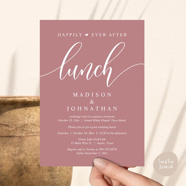 Convite Feliz Para Sempre Após O Almoço, Casamento Poste (Happily Ever After Lunch, Wedding Party Invitation Card PDF Modern Beautiful Dusty Rose Pink)