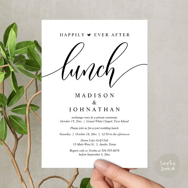Convite Feliz Para Sempre Após O Almoço, Casamento Poste (Happily Ever After Lunch, Wedding Party Invitation Card PDF Modern Romantic White Black)