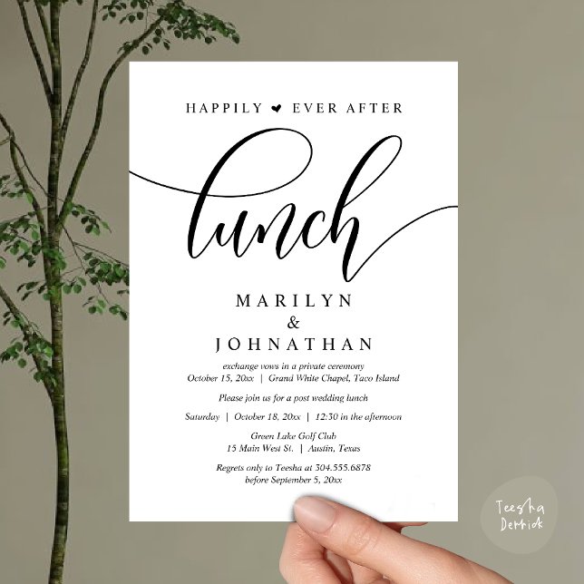 Convite Feliz Para Sempre Após O Almoço, Casamento Poste (Happily Ever After Lunch, Wedding Party Invitation Card PDF Modern Romantic White Black)