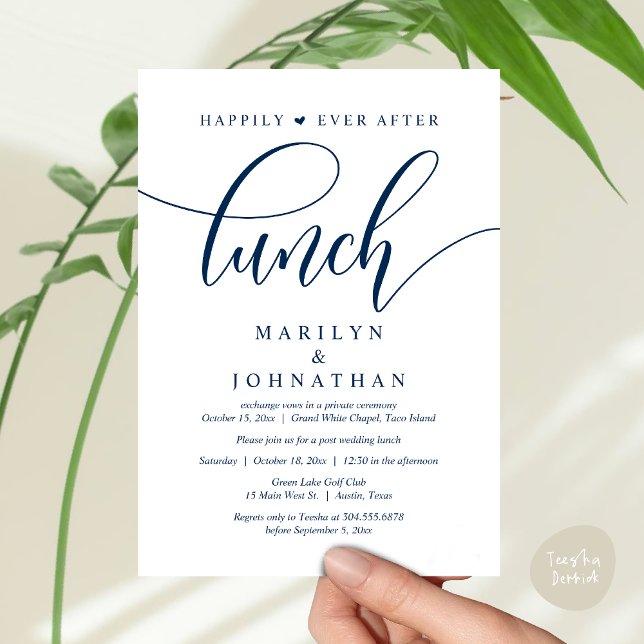 Convite Feliz Para Sempre Após O Almoço, Casamento Poste (Happily Ever After Lunch, Wedding Party Invitation Card PDF Modern Romantic Navy Blue)