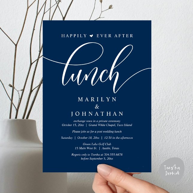 Convite Feliz Para Sempre Após O Almoço, Casamento Poste (Happily Ever After Lunch, Wedding Party Invitation Card PDF Modern Romantic Navy Blue)