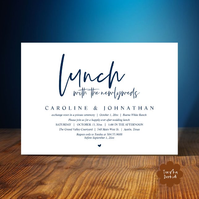 Convite Feliz Para Sempre Após O Almoço Com Os Novos Joven (Lunch with the Newlyweds, Happily Ever After Modern Minimalist Invitation Card PDF Navy Blue)