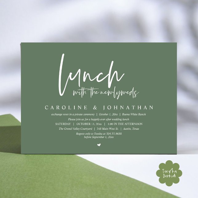 Convite Feliz Para Sempre Após O Almoço Com Os Novos Joven (Lunch with the Newlyweds, Happily Ever After Modern Minimalist Invitation Card PDF Sage Green )