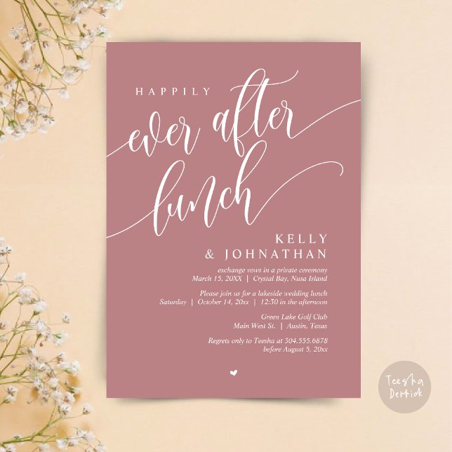 Convite Feliz Para Sempre Após O Almoço De Casamento, Dust (Happily Ever After Lunch Invitation Card, PDF, Post Wedding Celebration, in Dusty Rose Pink)