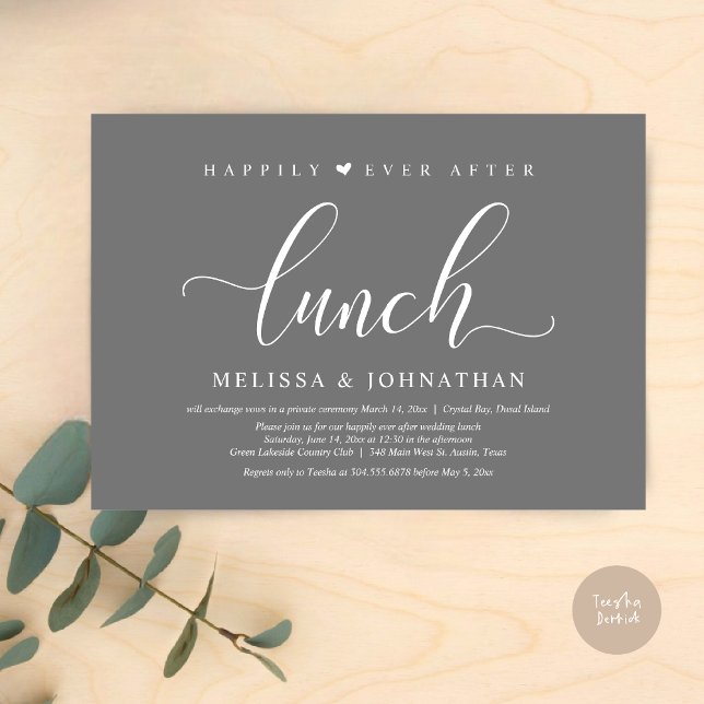 Convite Feliz Para Sempre Após O Almoço, Festa De Elopemen (Happily Ever After Lunch Invitation Card, PDF, Modern Classy Script, in Dark Grey)